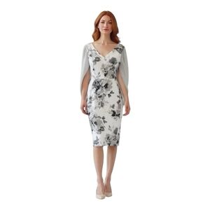 $258 Joseph Ribkoff White Grey Floral Cape Shoulder Dress Women’s Size 10